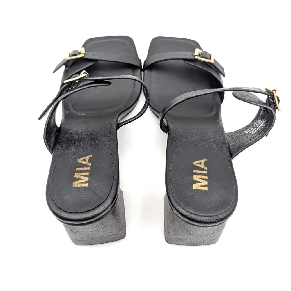 Mia Rene Double Buckle Block Heel Sandals Women's Black Size US8.5M EU38.5